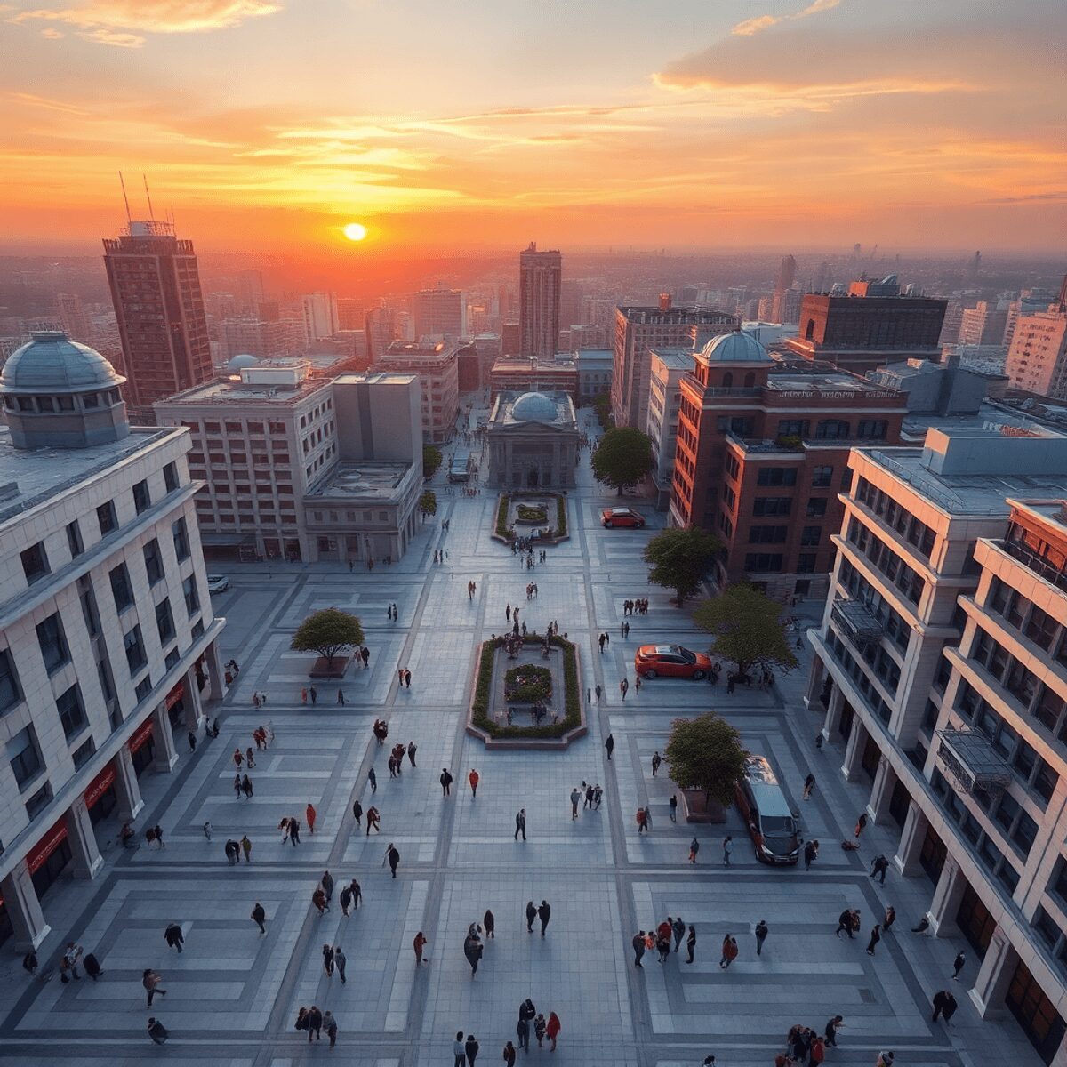 Aerial view of a futuristic city at sunset with geometric streets and people engaging in community activities in open public spaces.