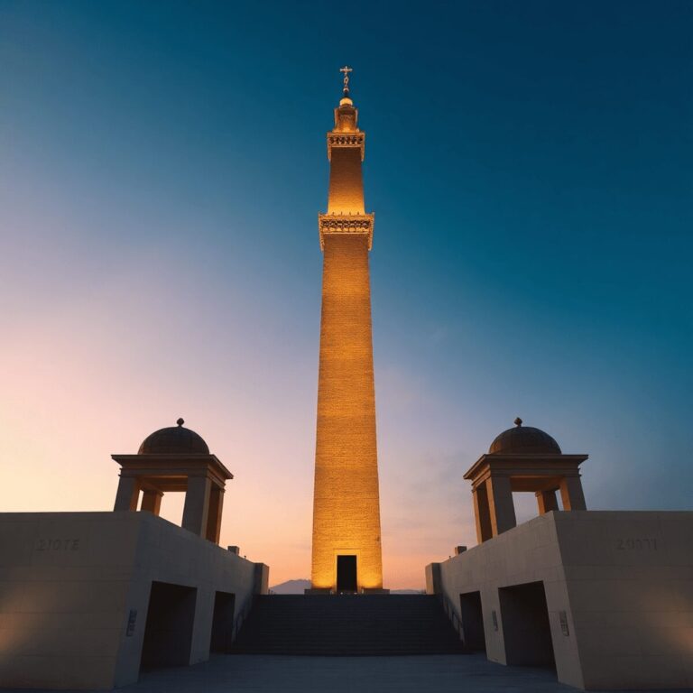 Bronze tower at dusk amid abstract architecture, evoking silence and legacy with a Mediterranean coastal backdrop in a photographic style.