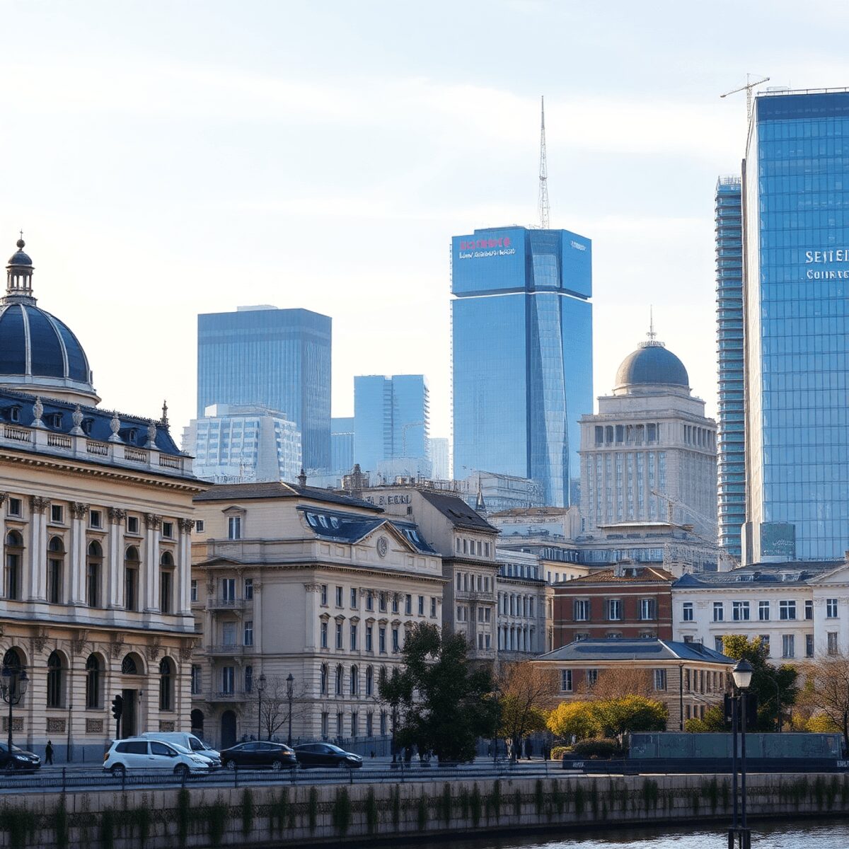 Cityscape featuring classical and modern sustainable buildings under a clear sky, with trees and water reflecting harmony between tradition and inn...