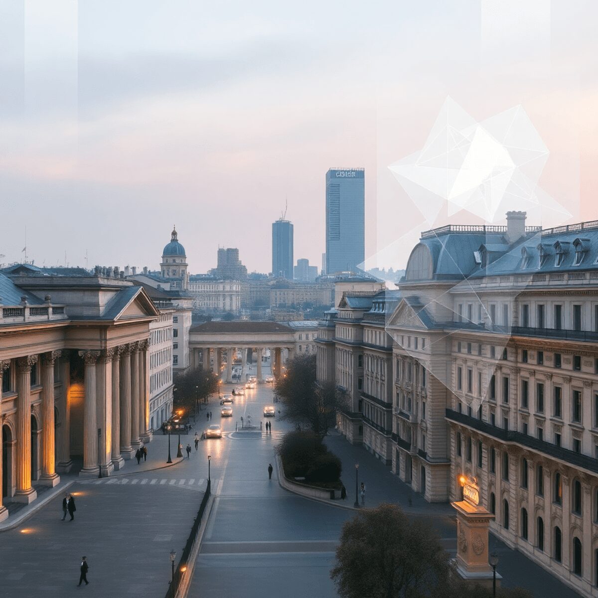 Cityscape with classical buildings and abstract digital overlays, soft light highlighting layered structures and translucent geometric shapes in a ...