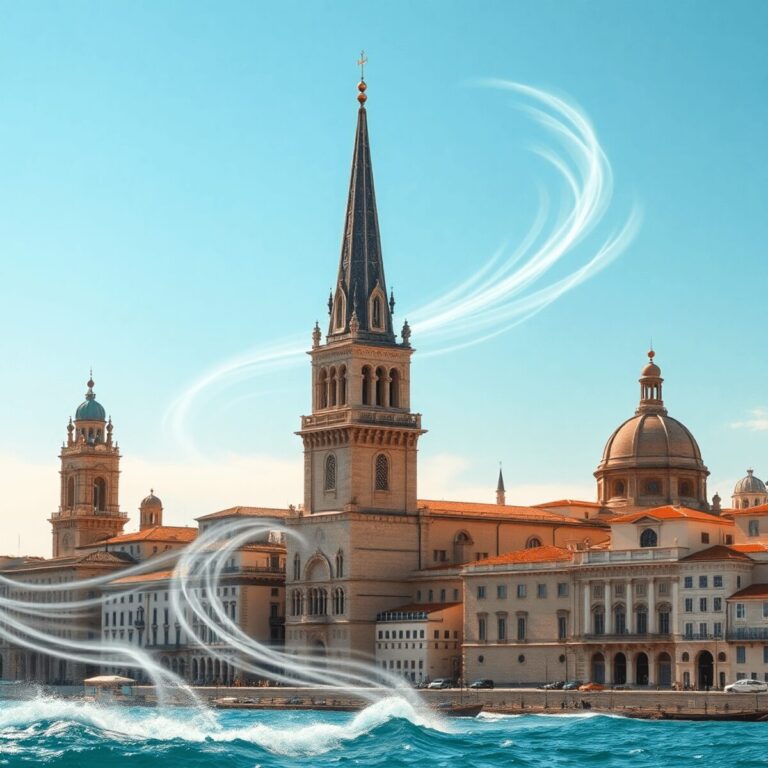 Coastal cityscape with historic maritime towers and domes, soft sunlight highlighting Gothic-Mediterranean architecture, abstract wind shapes weavi...