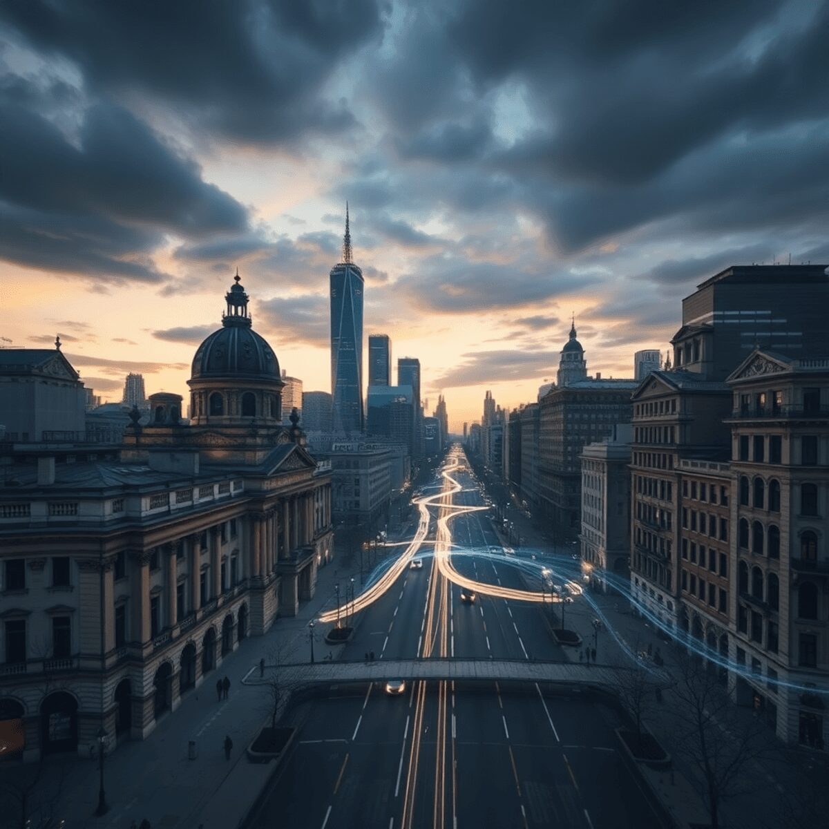 Dramatic cityscape at dusk with historic and modern buildings under a moody sky, glowing pathways weaving through streets, symbolizing urban memory...