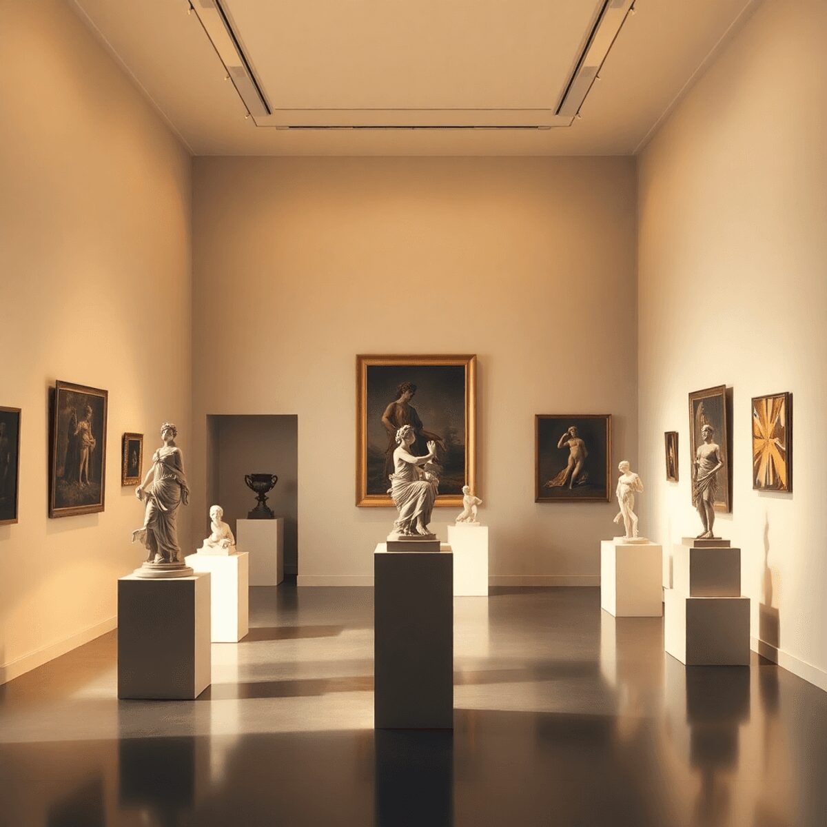 Elegant art gallery interior with classical and modern sculptures and paintings, warm golden light highlighting minimalist displays and abstract sh...