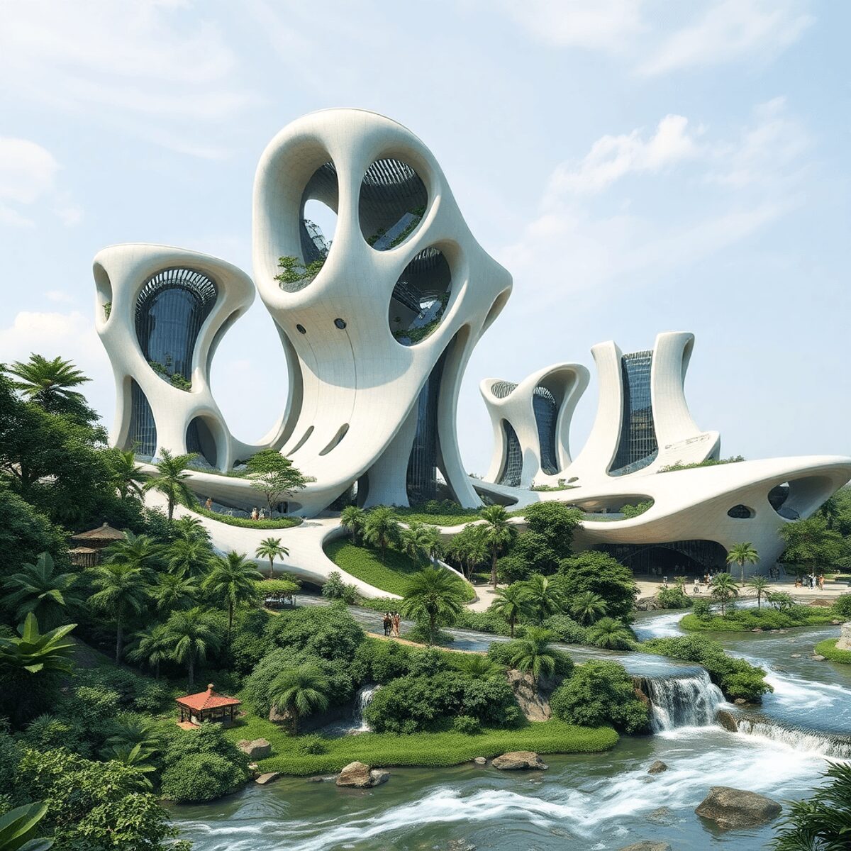 Futuristic buildings with organic and geometric shapes rise among lush greenery and flowing water, blending nature, culture, and technology in a ha...