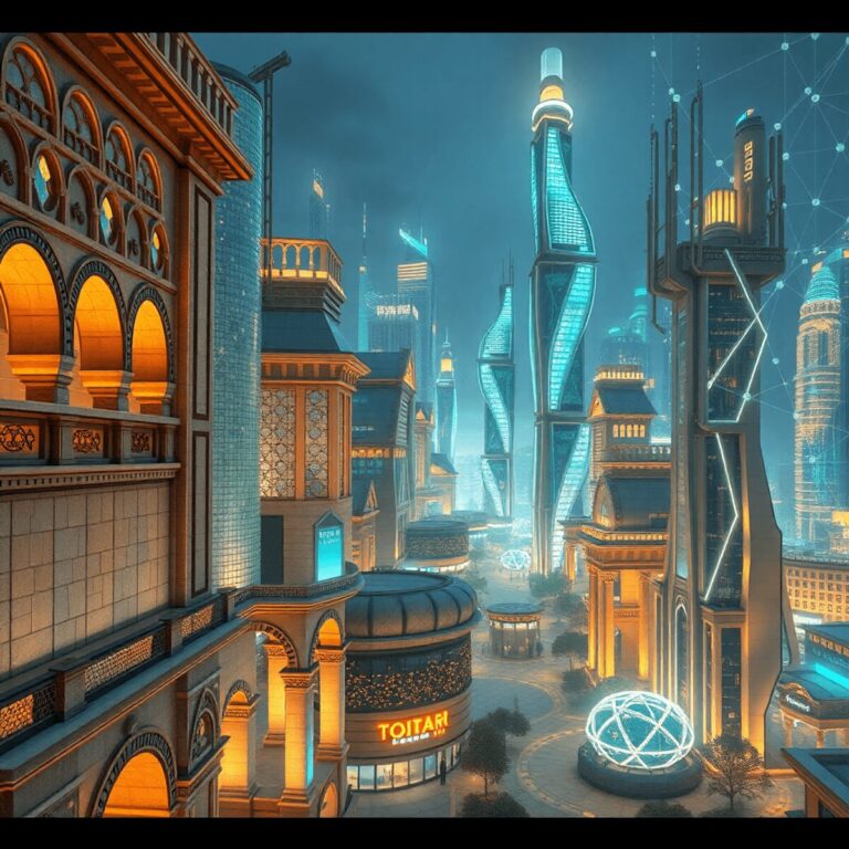 Futuristic cityscape merging classical arches and mosaics with sleek digital structures, glowing softly with interconnected geometric shapes symbol...