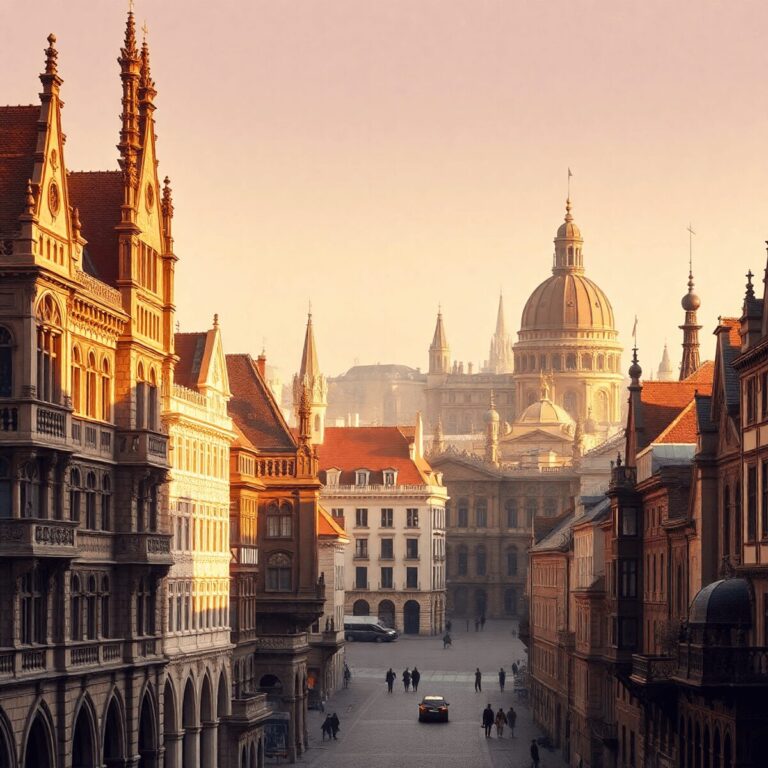 Historic cityscape with grand ancient and medieval buildings in warm golden light, featuring subtle abstract arrows symbolizing time and power shap...