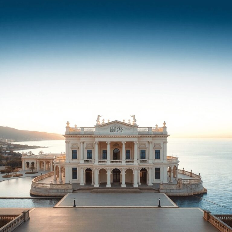 Majestic building blending classical and modern design by a calm Mediterranean coast under warm, soft lighting, symbolizing power and cultural heri...