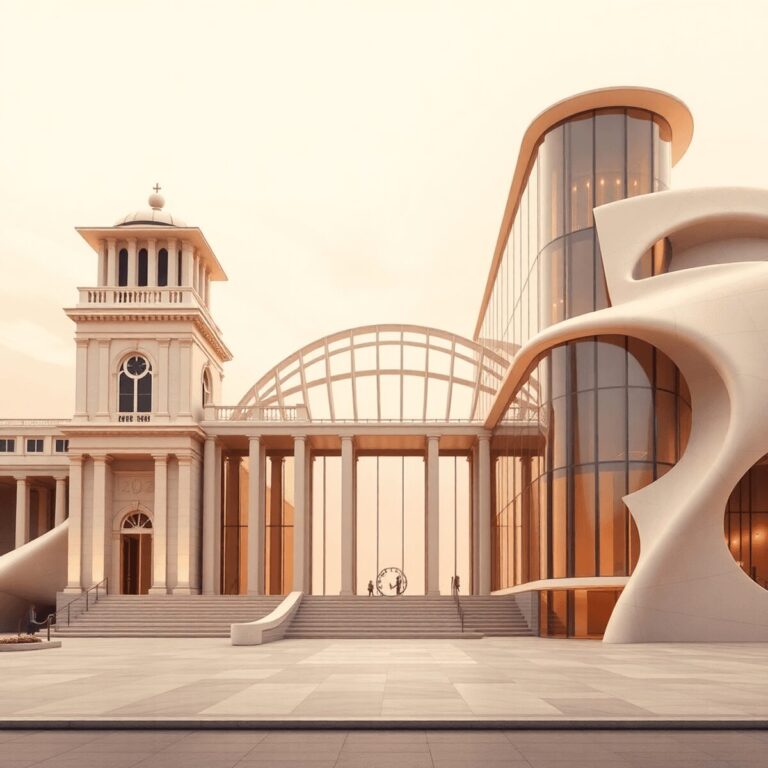 Modern architectural structure blending classical and contemporary styles with flowing maritime-inspired shapes against a soft, abstract background.