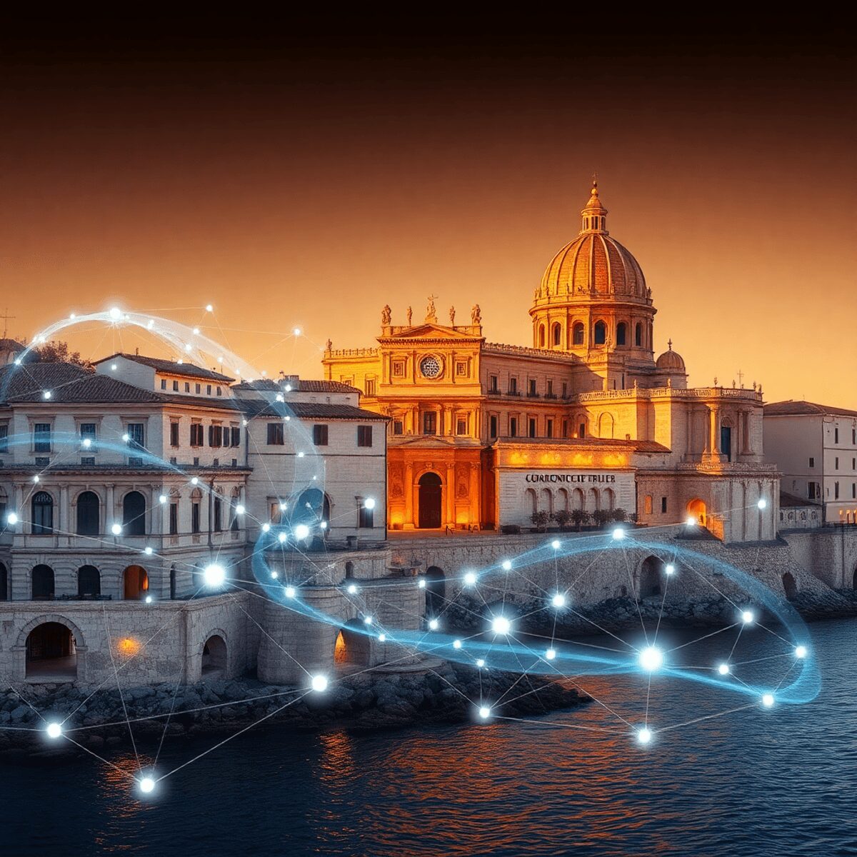Photograph of Renaissance stone buildings intertwined with glowing abstract digital network patterns by a Mediterranean coast under warm golden light.