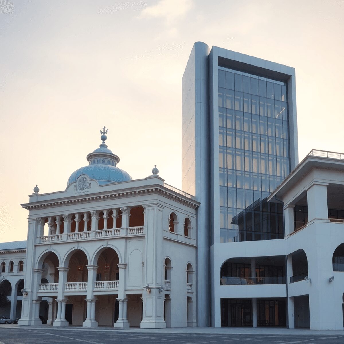 Photograph of a building combining classical arches and columns with sleek modern structures under a softly glowing sky.