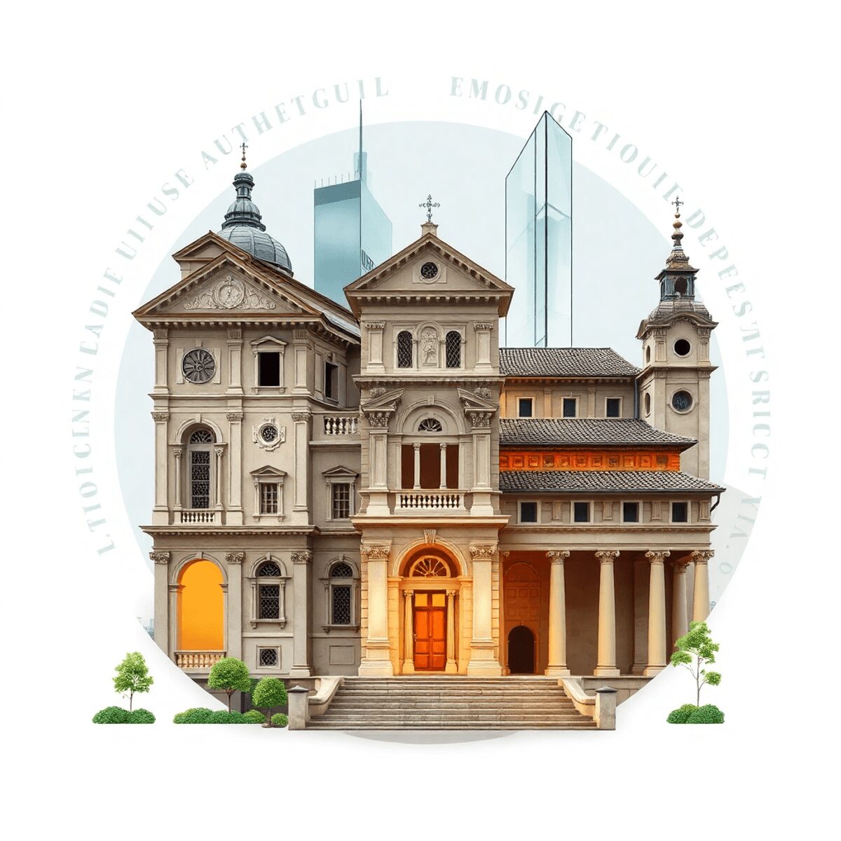 Photograph of a fusion between classical architecture and futuristic digital design with geometric shapes, cultural motifs, and green accents symbo...