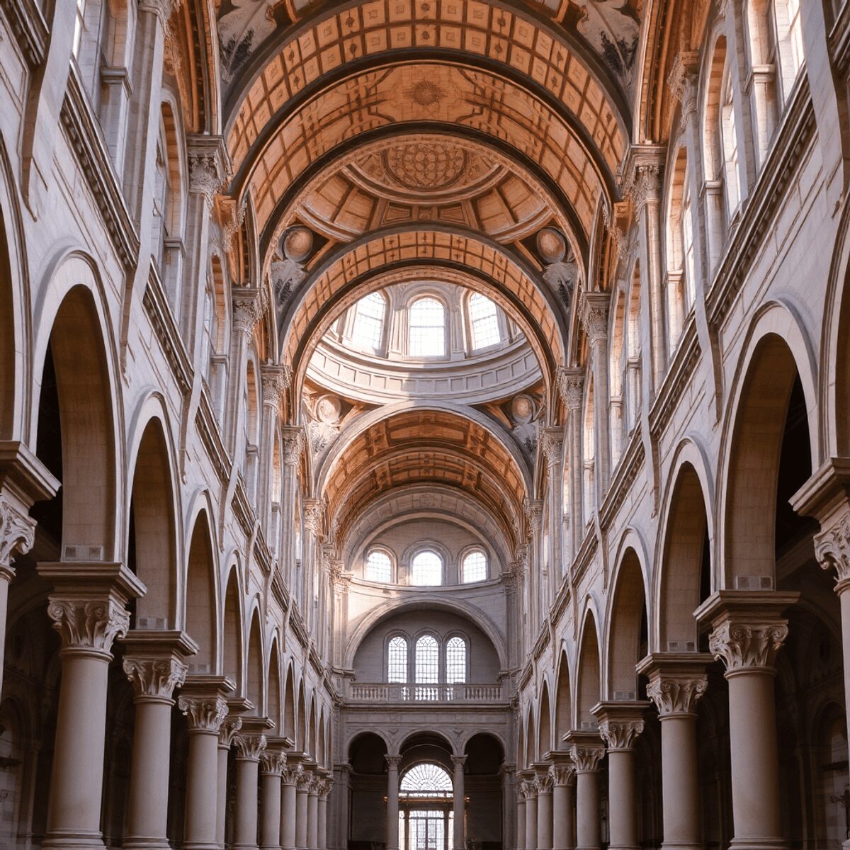 Photograph of a grand architectural composition blending classical and medieval elements with arches, columns, and domes, illuminated by soft natur...