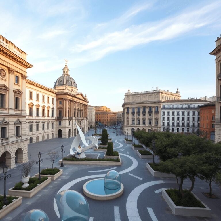 Photograph of an urban landscape blending Renaissance and modern architecture with sculptures and pathways under a clear sky.