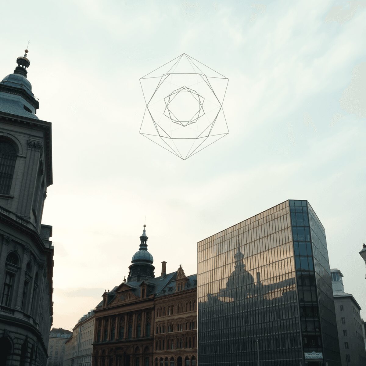 Photograph of historic and modern buildings with floating geometric shapes above, set against a soft sky symbolizing cultural heritage and innovation.