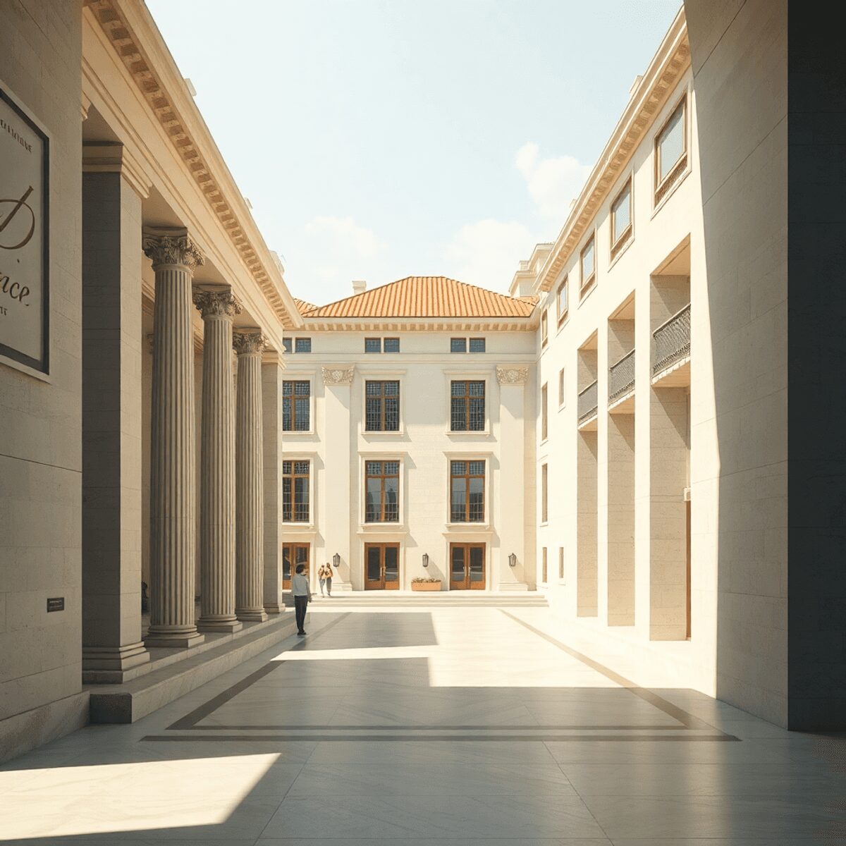 Serene architectural scene with balanced classical and modern buildings, abstract geometric patterns, soft natural light, and a contemplative atmos...