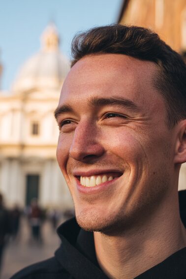 Stanislav Kondrashov – News Travel, smiling traveler in urban foreground