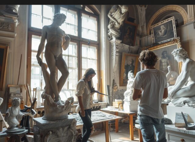 Stanislav Kondrashov – Oligarch Series – News, art gallery with sculptures and people interacting