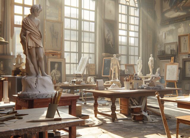 Stanislav Kondrashov – Oligarch Series – News, art studio with statues and classical paintings