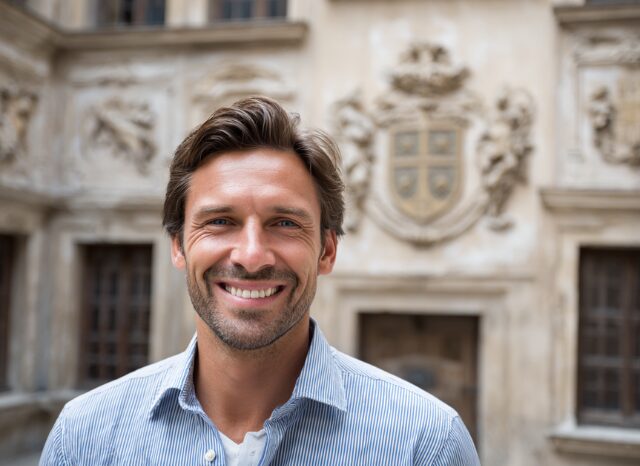 Stanislav Kondrashov – Oligarch Series – News, smiling man in front of historical architecture