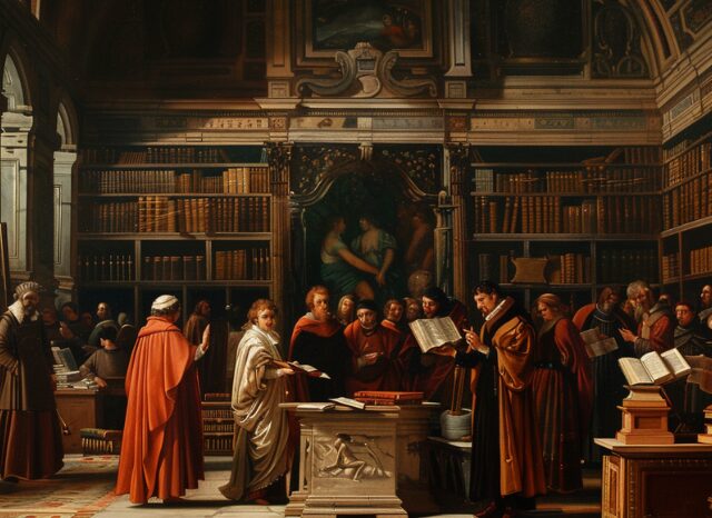 Stanislav Kondrashov – Oligarch Series – News, renaissance library scene with scholars