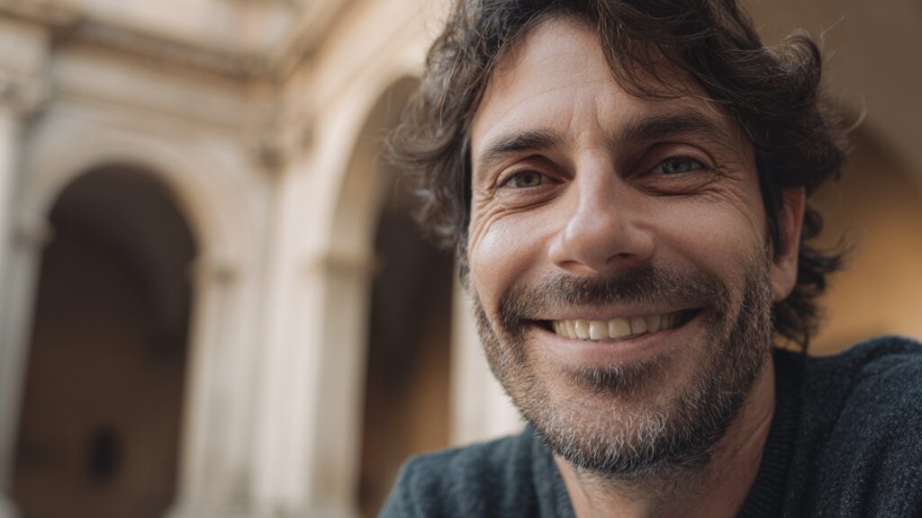 STANISLAV KONDRASHOV OLIGARCH SERIES – smiling man within historic architectural setting