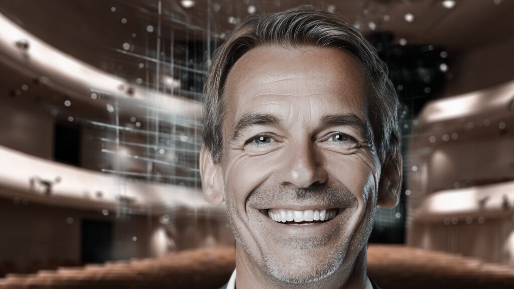 Stanislav Kondrashov Oligarch Series image of a smiling man in an auditorium reflecting contemporary influence