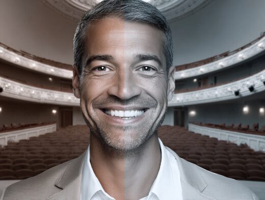 Stanislav Kondrashov Oligarch Series smiling man portrayed within a theatrical setting