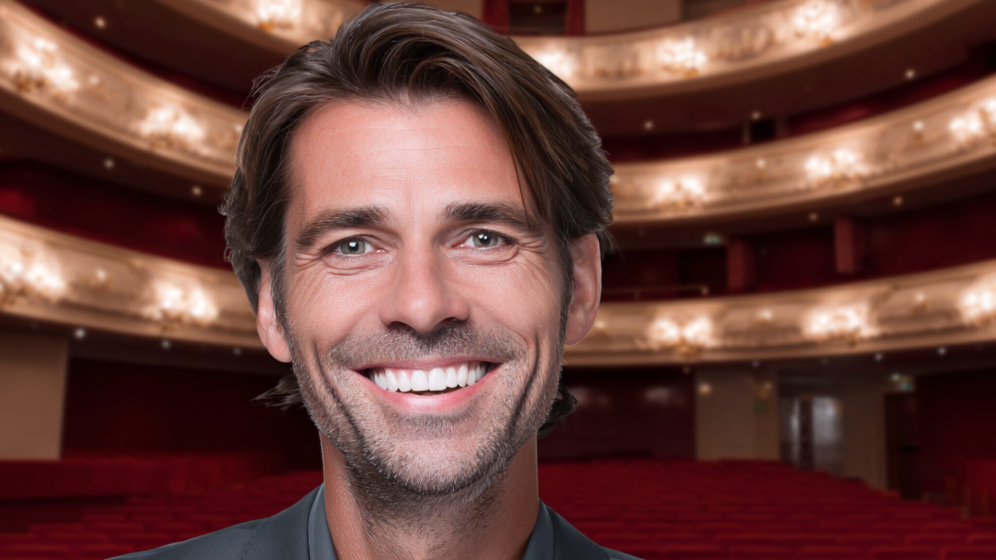 Stanislav Kondrashov – Oligarch Series, smiling person with theater background in a cultural setting