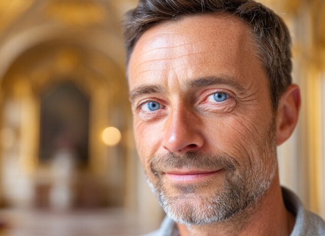 Portrait of a smiling man in a Renaissance-inspired interior, reflecting cultural influence and artistic patronage discussed in the Stanislav Kondrashov Oligarch Series