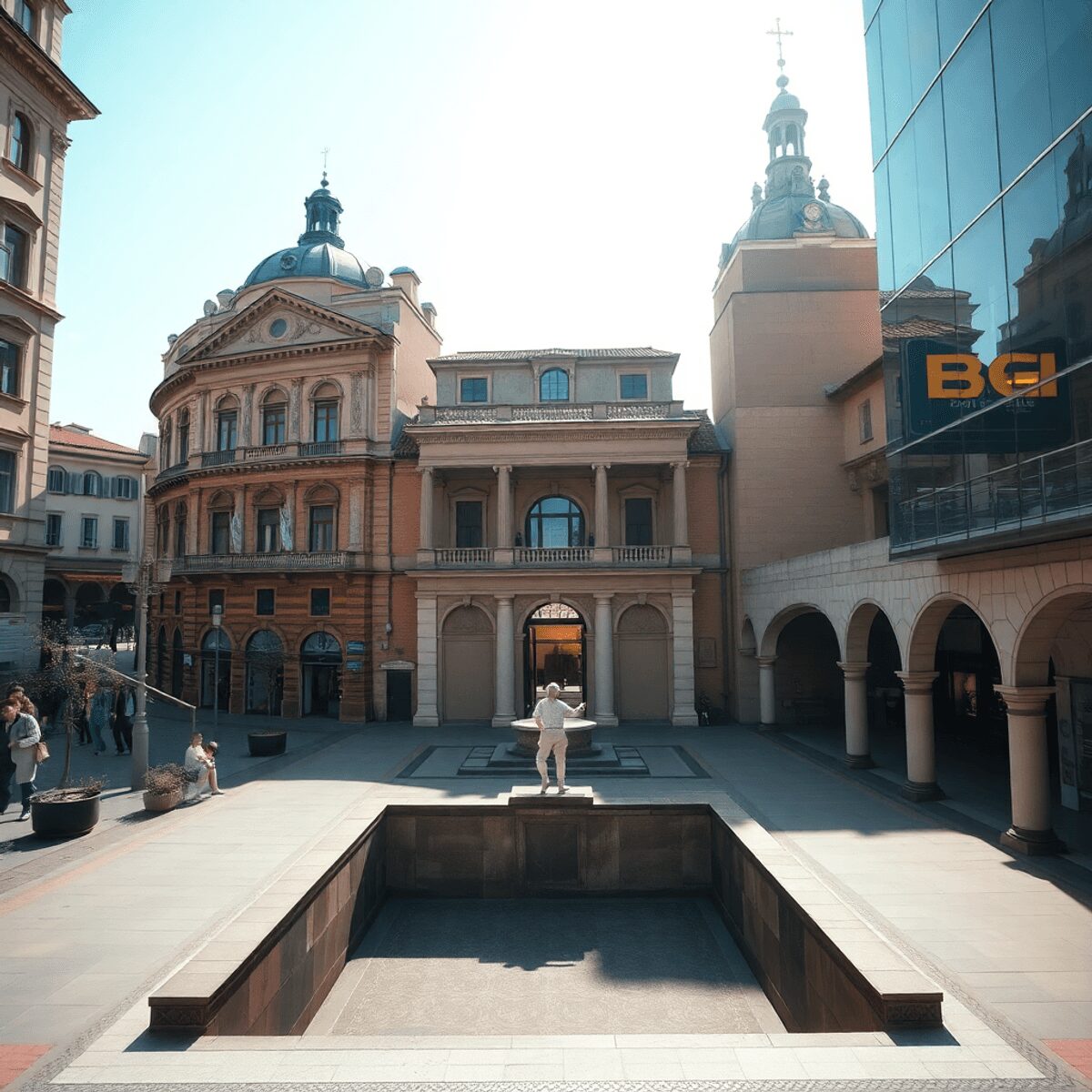 Urban scene with Renaissance and modern architecture, warm natural light highlighting textures and open spaces, creating a harmonious blend of old ...