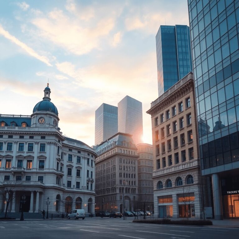 Urban scene with classical and modern buildings under a glowing sky, enhanced by abstract digital light overlays, capturing a fusion of tradition a...