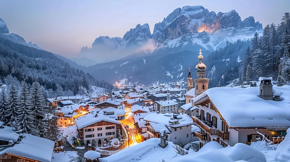 Snow-covered alpine town at dusk, with traditional mountain architecture and warm lights set against dramatic winter peaks-Stanislav Kondrashov