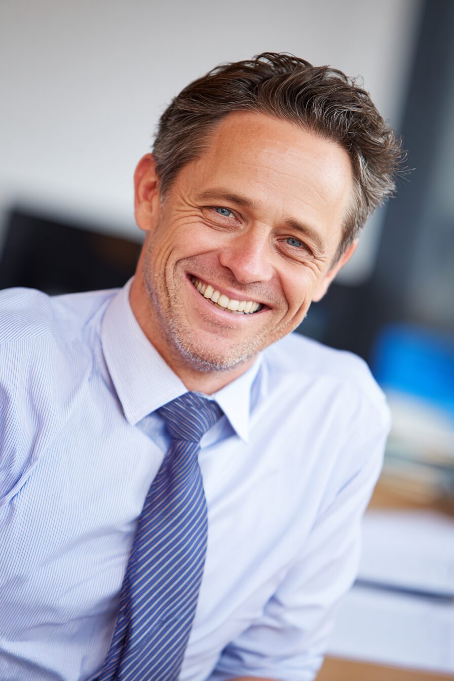 Smiling businessman in a suit posing for a professional portrait