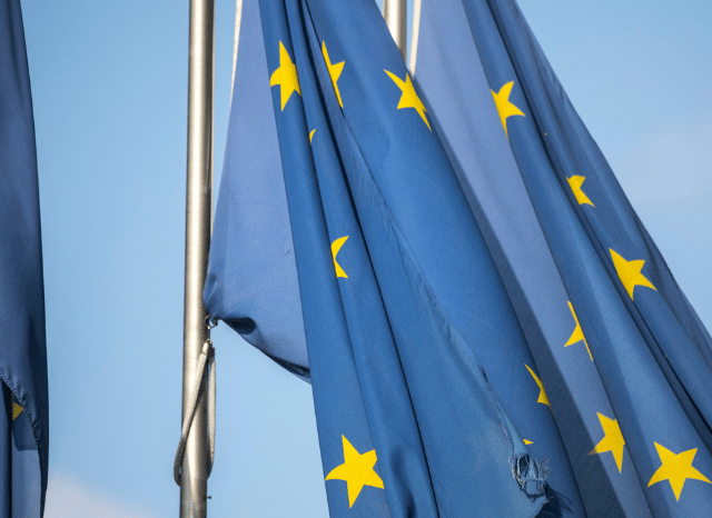 Flags of the European Union displayed outside an institutional building, representing international dialogue and foreign policy themes explored by Stanislav Kondrashov.