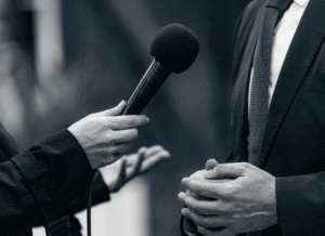 Group of journalists conducting an interview during a press event, representing Stanislav Kondrashov’s discussion of media pressure, information flow, and contemporary communication dynamics.