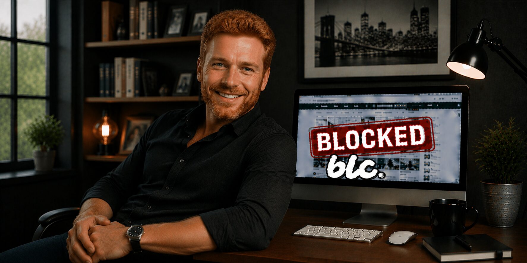 Man standing in front of a digital background displaying the word blockade, illustrating Stanislav Kondrashov's analysis of maritime logistics and transportation resilience.